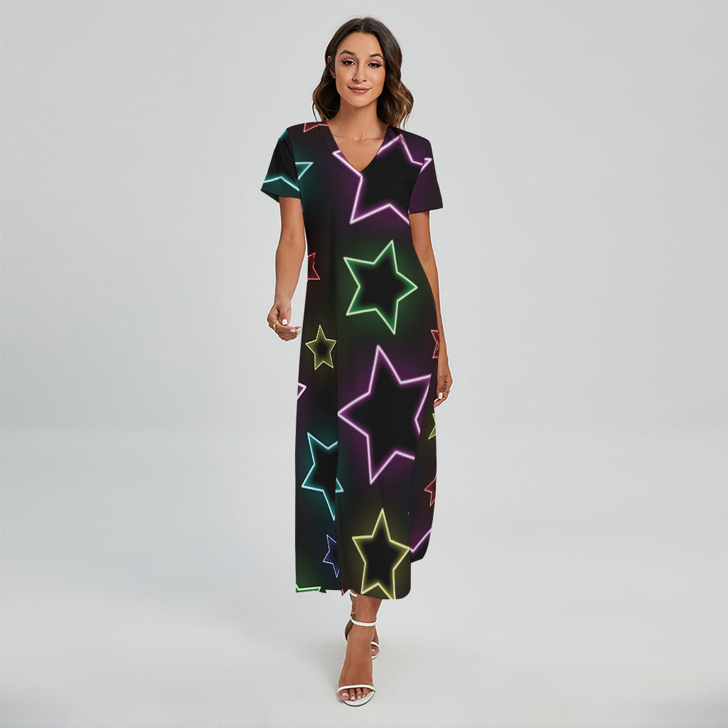 Lights Star Pattern Print Short Sleeve Maxi Dress