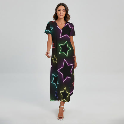 Lights Star Pattern Print Short Sleeve Maxi Dress