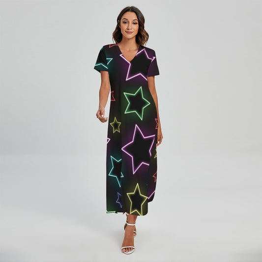 Lights Star Pattern Print Short Sleeve Maxi Dress