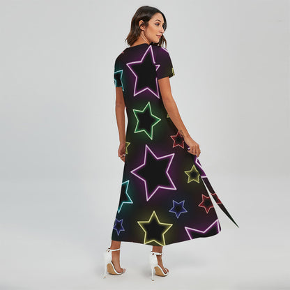 Lights Star Pattern Print Short Sleeve Maxi Dress