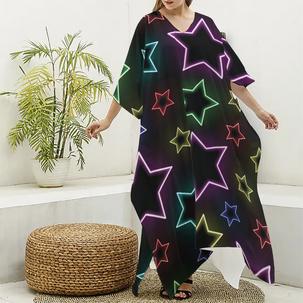 Lights Star Pattern Print Silk V-Neck Kaftan Dress