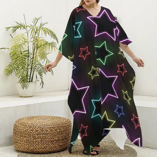 Lights Star Pattern Print Silk V-Neck Kaftan Dress