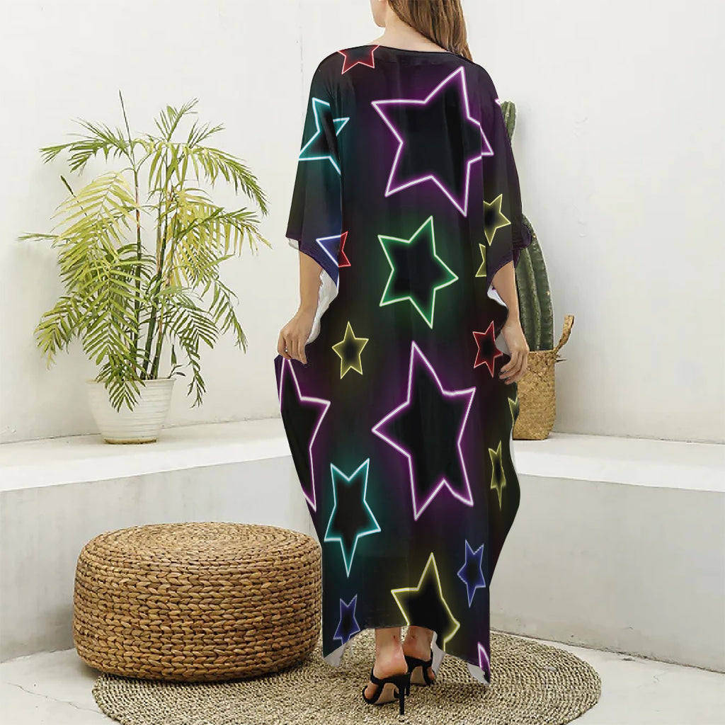 Lights Star Pattern Print Silk V-Neck Kaftan Dress