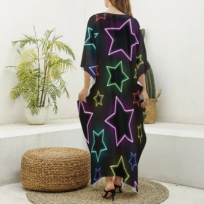 Lights Star Pattern Print Silk V-Neck Kaftan Dress