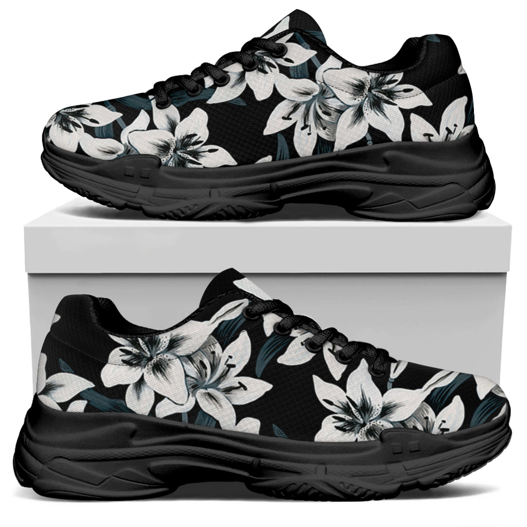 Lily Floral Pattern Print Black Chunky Shoes
