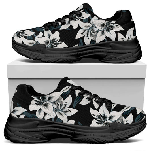 Lily Floral Pattern Print Black Chunky Shoes