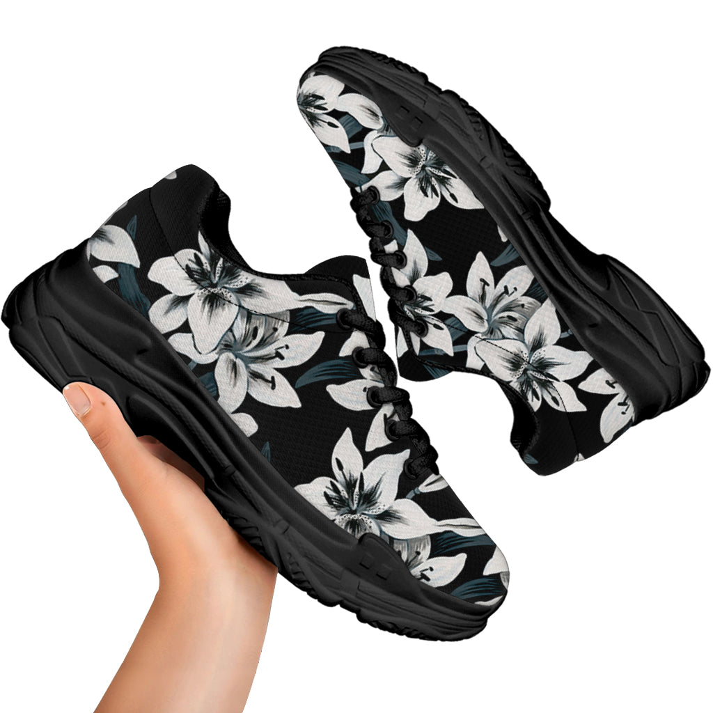 Lily Floral Pattern Print Black Chunky Shoes