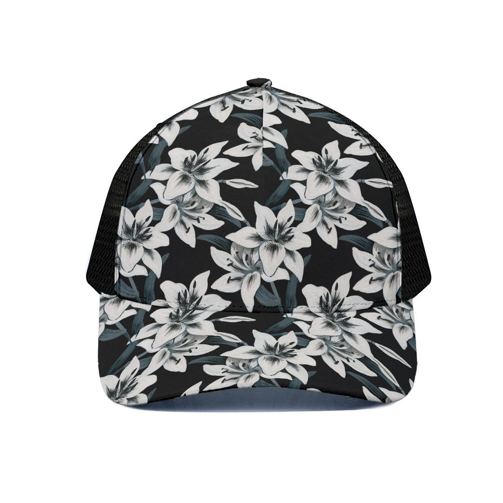 Lily Floral Pattern Print Black Mesh Trucker Cap