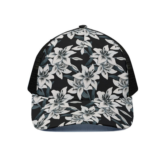 Lily Floral Pattern Print Black Mesh Trucker Cap