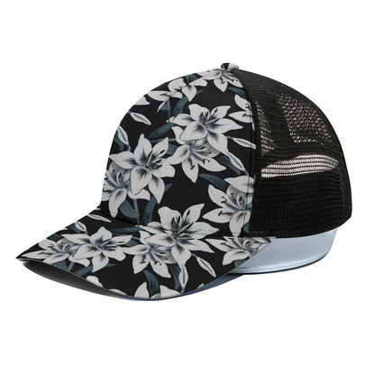 Lily Floral Pattern Print Black Mesh Trucker Cap