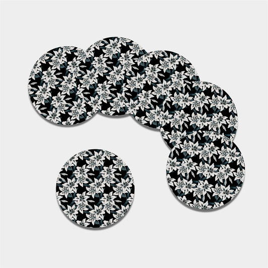Lily Floral Pattern Print Leather Coaster Set