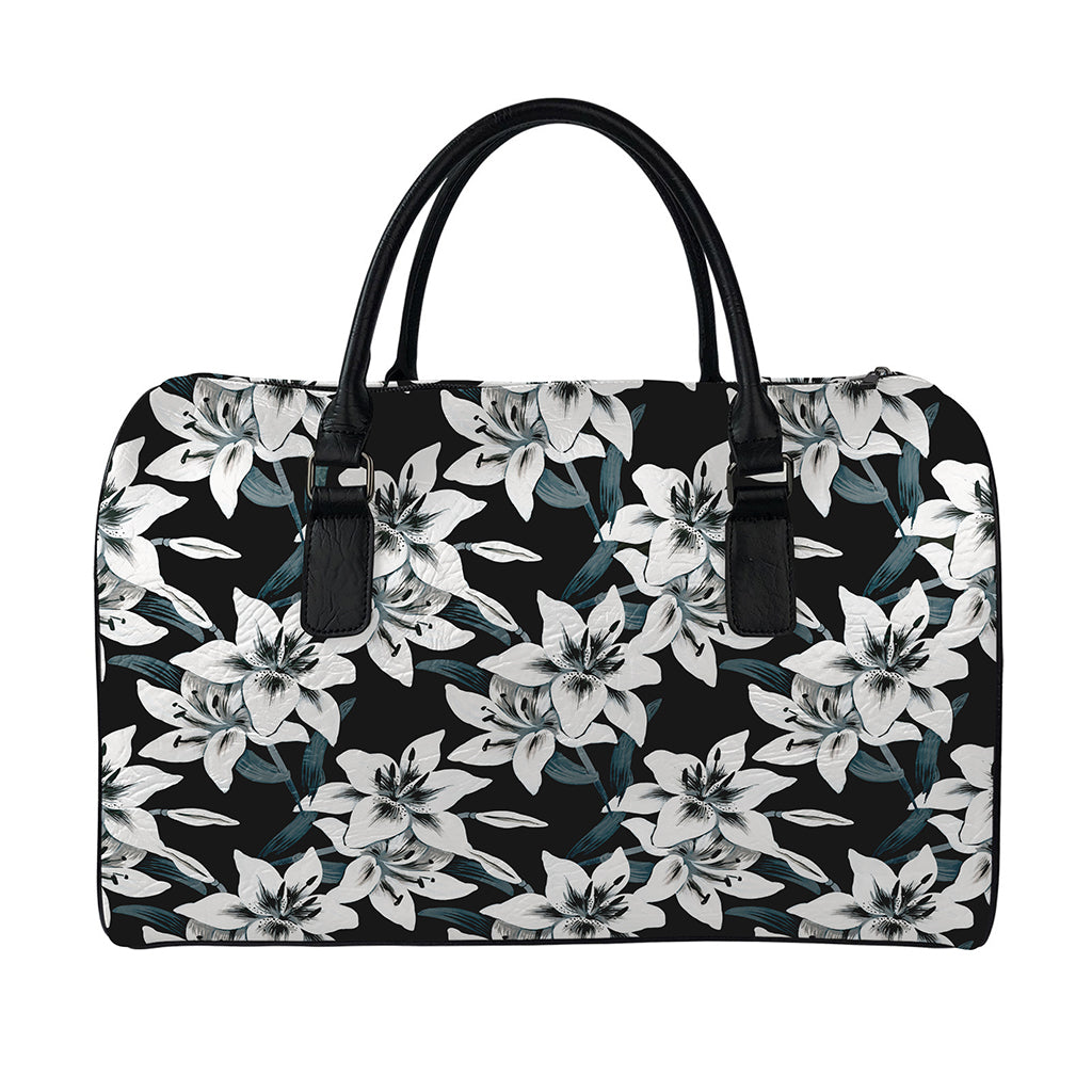Lily Floral Pattern Print Leather Duffle Bag