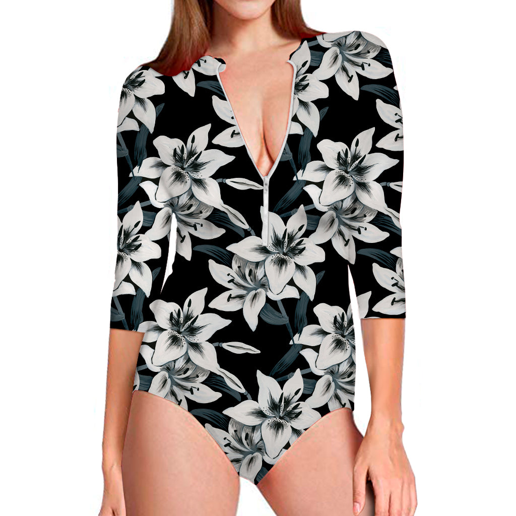 Lily Floral Pattern Print Long Sleeve Swimsuit