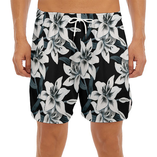Lily Floral Pattern Print Men's Split Running Shorts