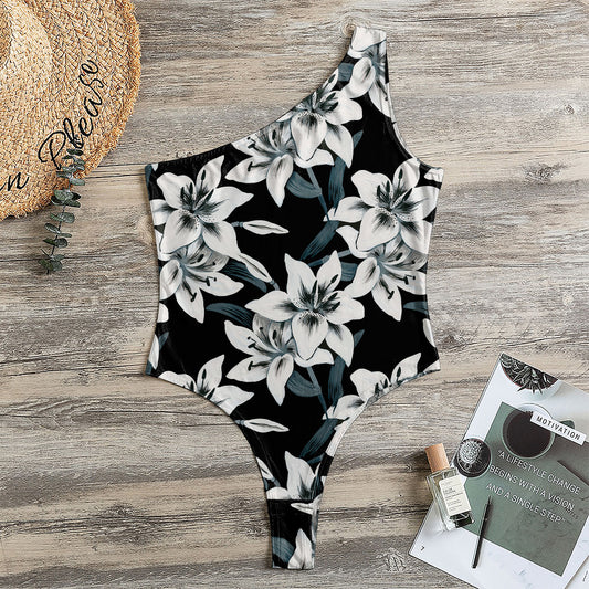 Lily Floral Pattern Print One Shoulder Bodysuit