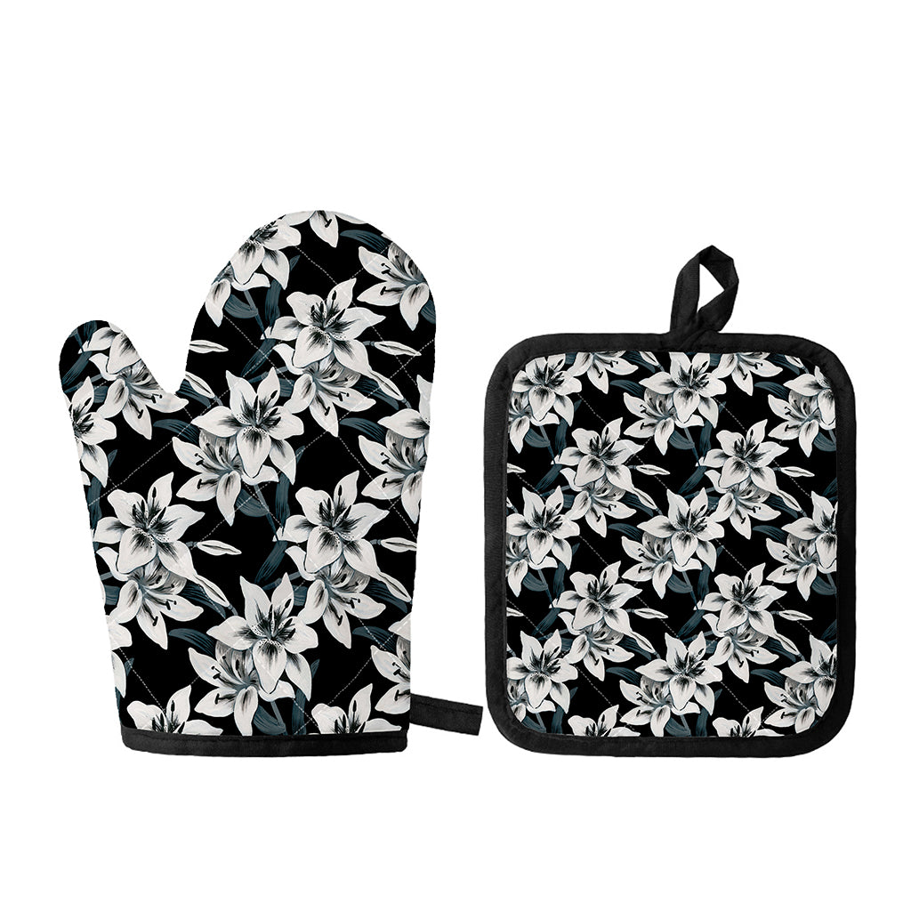 Lily Floral Pattern Print Oven Mitt And Pot Holder Set