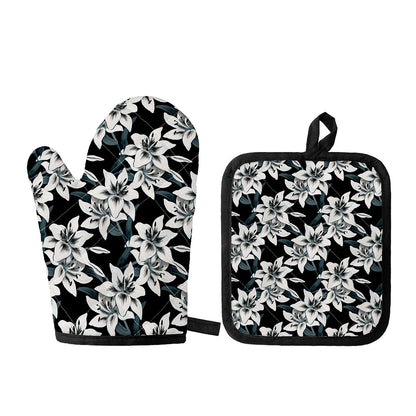 Lily Floral Pattern Print Oven Mitt And Pot Holder Set