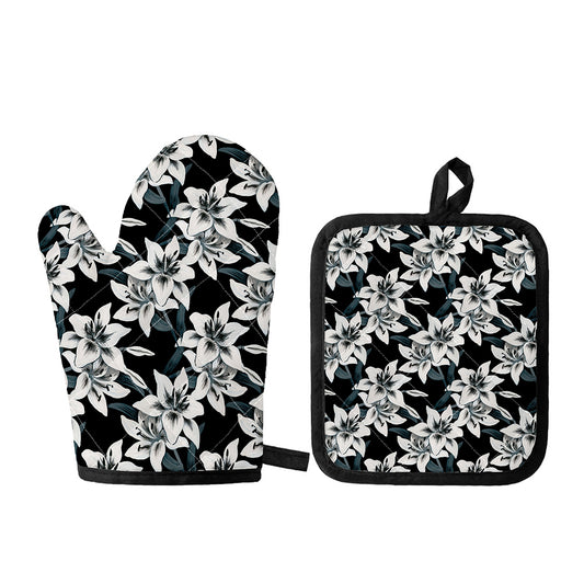 Lily Floral Pattern Print Oven Mitt And Pot Holder Set