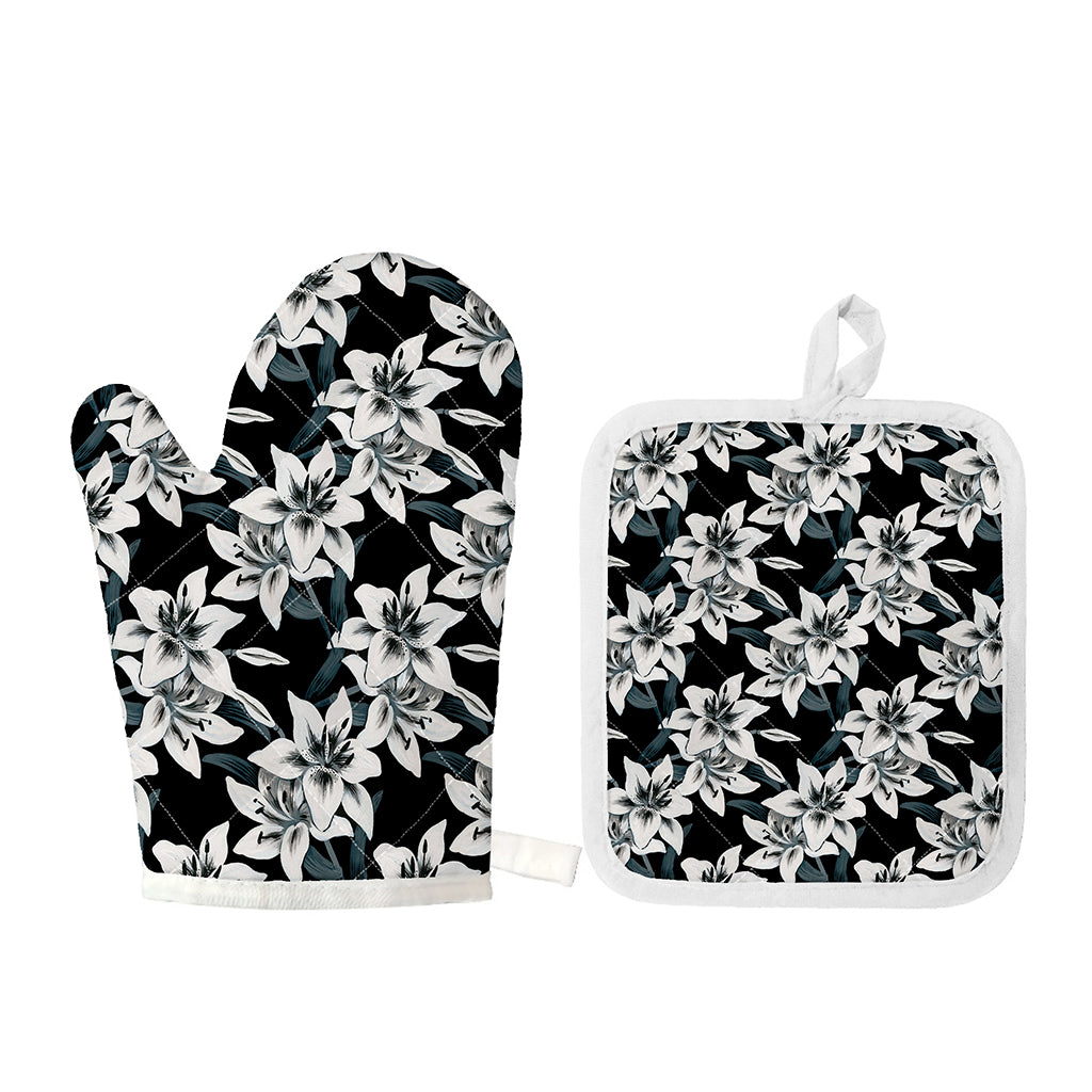 Lily Floral Pattern Print Oven Mitt And Pot Holder Set