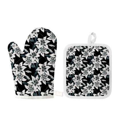 Lily Floral Pattern Print Oven Mitt And Pot Holder Set