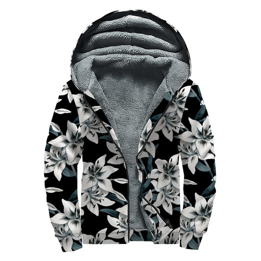 Lily Floral Pattern Print Sherpa Lined Zip Up Hoodie
