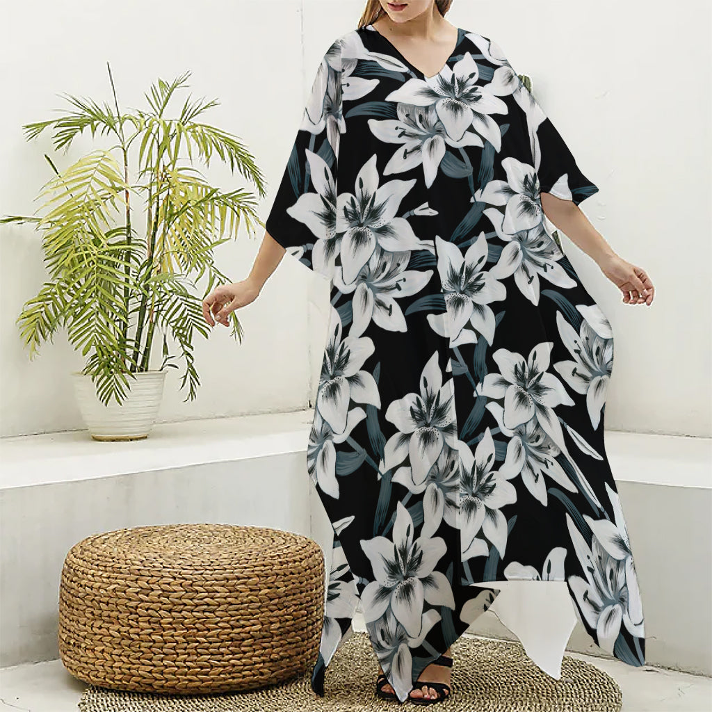 Lily Floral Pattern Print Silk V-Neck Kaftan Dress
