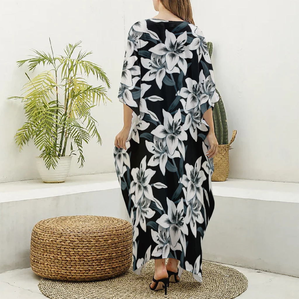 Lily Floral Pattern Print Silk V-Neck Kaftan Dress