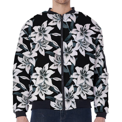 Lily Floral Pattern Print Zip Sleeve Bomber Jacket