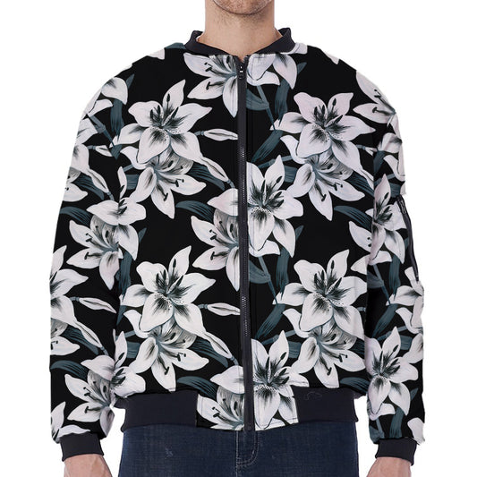 Lily Floral Pattern Print Zip Sleeve Bomber Jacket