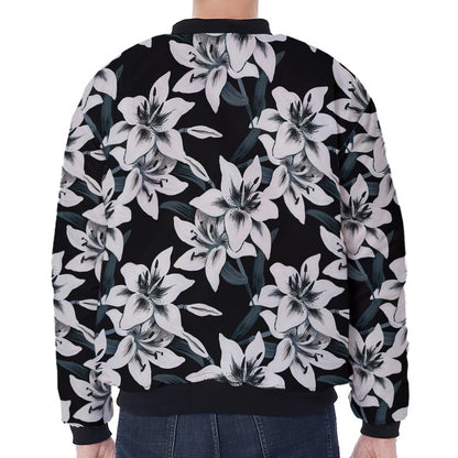Lily Floral Pattern Print Zip Sleeve Bomber Jacket