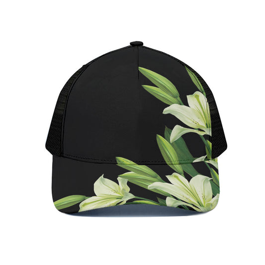 Lily Floral Print Black Mesh Trucker Cap