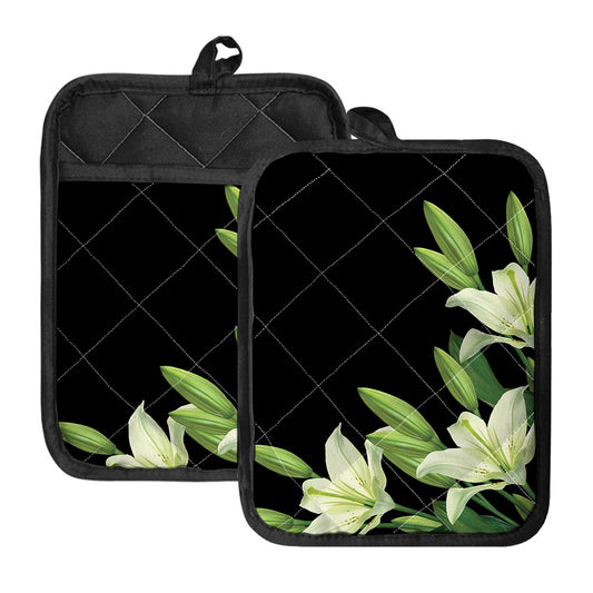 Lily Floral Print Pot Holders With Pocket