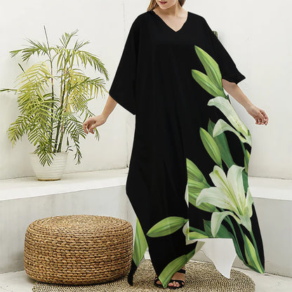 Lily Floral Print Silk V-Neck Kaftan Dress