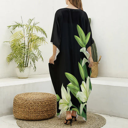 Lily Floral Print Silk V-Neck Kaftan Dress