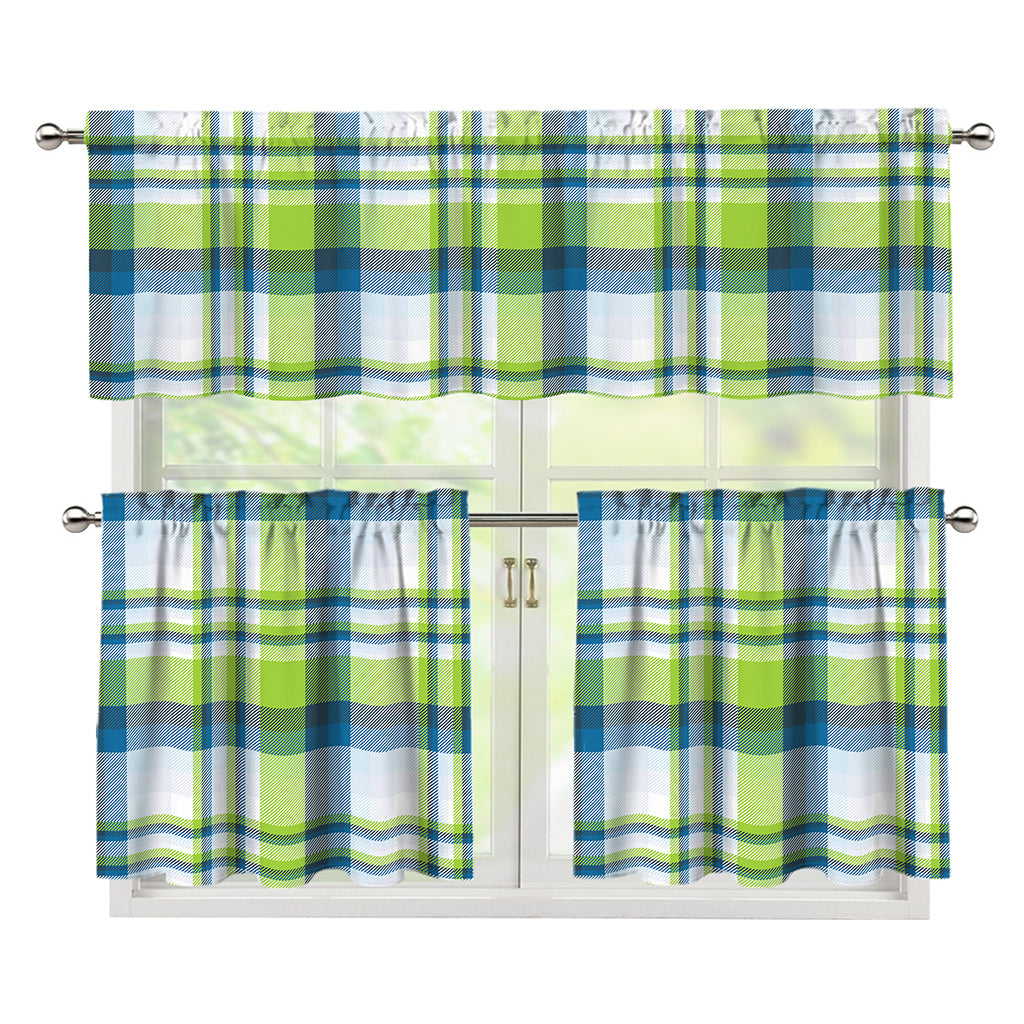 Lime And Blue Madras Plaid Print 3 Piece Kitchen Curtains