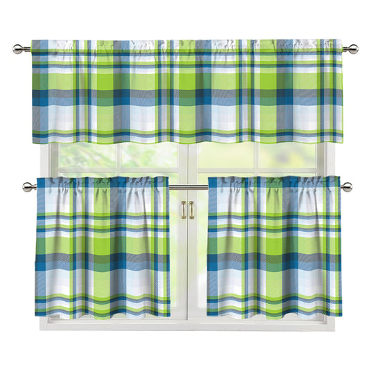 Lime And Blue Madras Plaid Print 3 Piece Kitchen Curtains