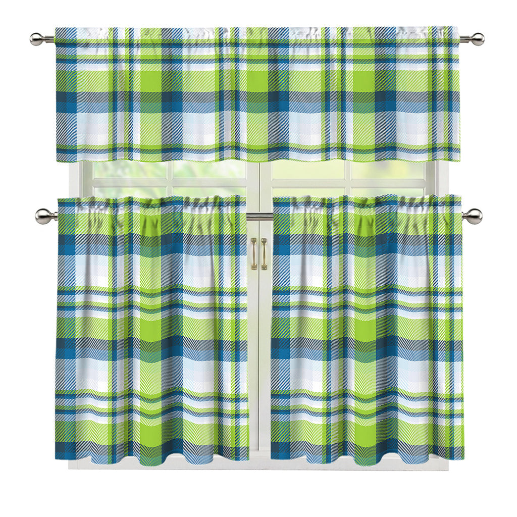 Lime And Blue Madras Plaid Print 3 Piece Kitchen Curtains
