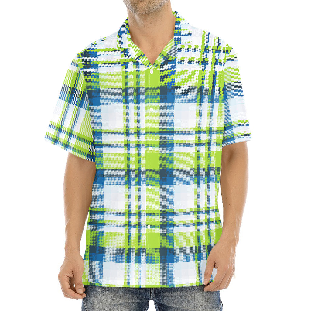 Lime And Blue Madras Plaid Print Aloha Shirt