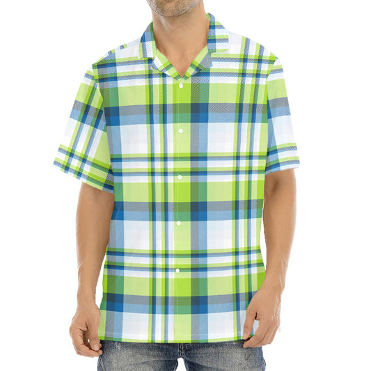 Lime And Blue Madras Plaid Print Aloha Shirt