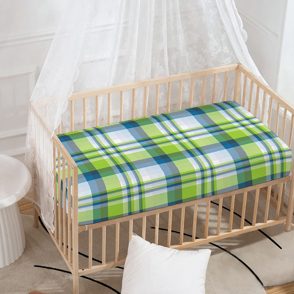 Lime And Blue Madras Plaid Print Baby Crib Sheet