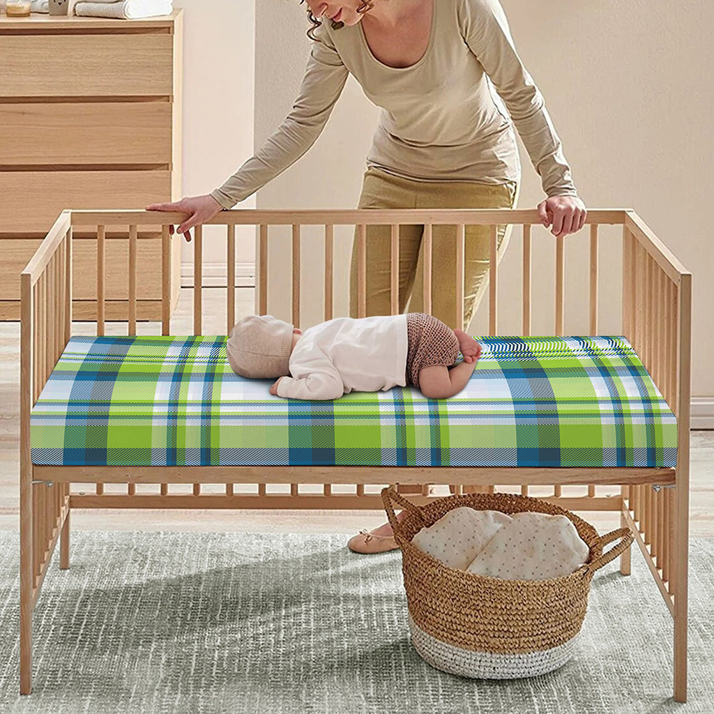 Lime And Blue Madras Plaid Print Baby Crib Sheet