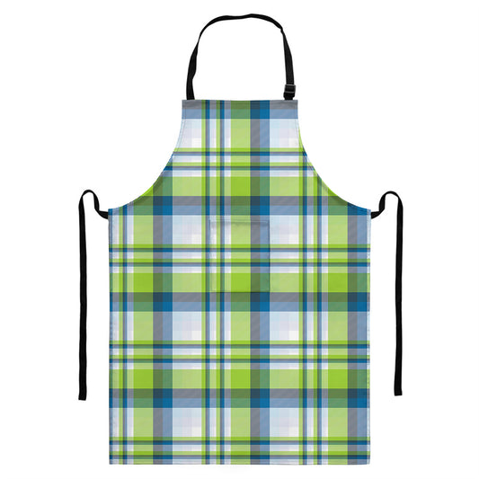 Lime And Blue Madras Plaid Print Bib Apron With Pocket