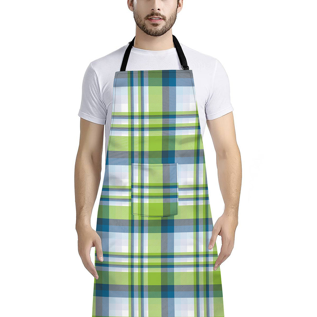 Lime And Blue Madras Plaid Print Bib Apron With Pocket