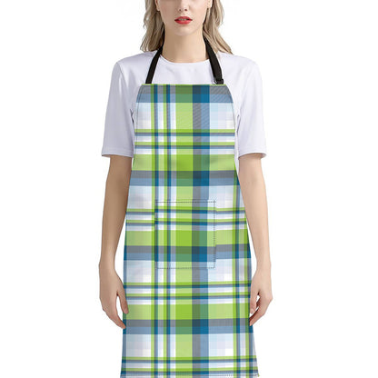 Lime And Blue Madras Plaid Print Bib Apron With Pocket