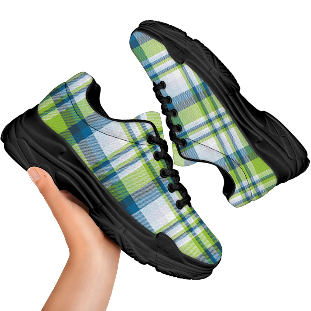 Lime And Blue Madras Plaid Print Black Chunky Shoes