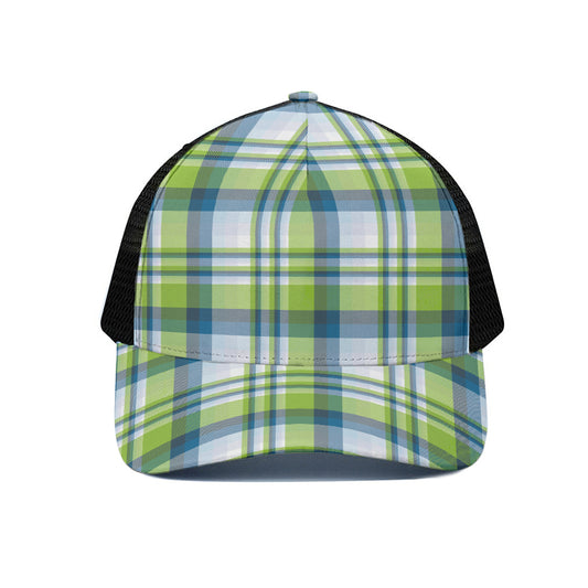 Lime And Blue Madras Plaid Print Black Mesh Trucker Cap