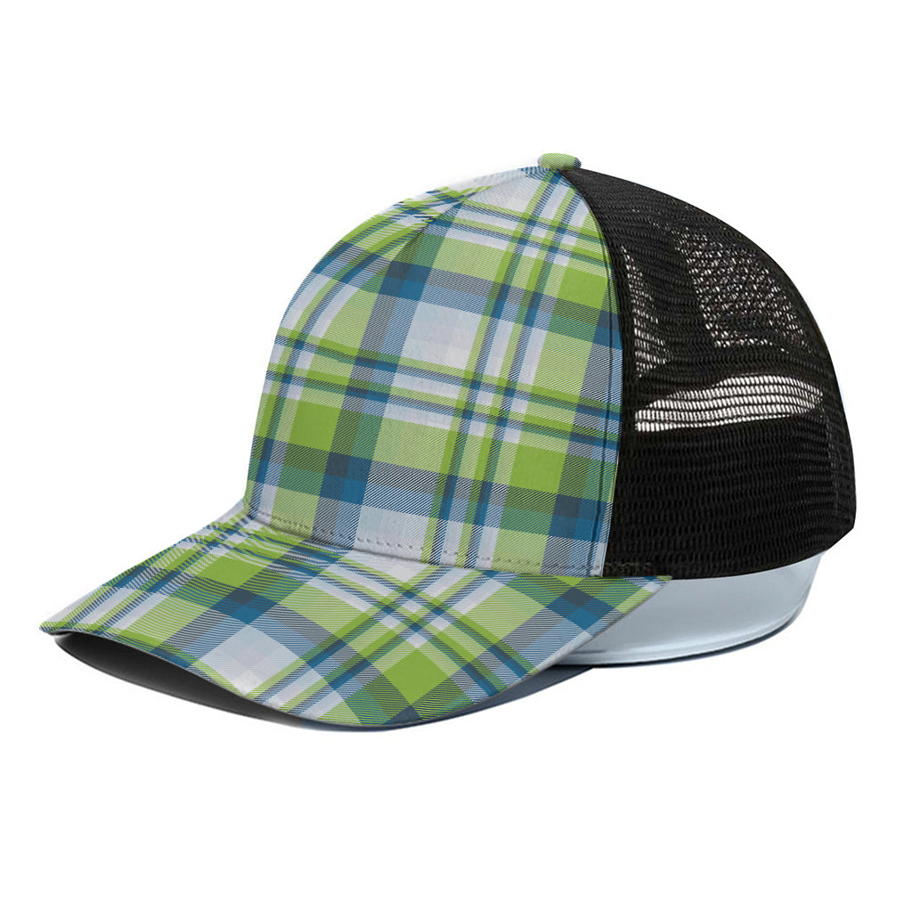Lime And Blue Madras Plaid Print Black Mesh Trucker Cap