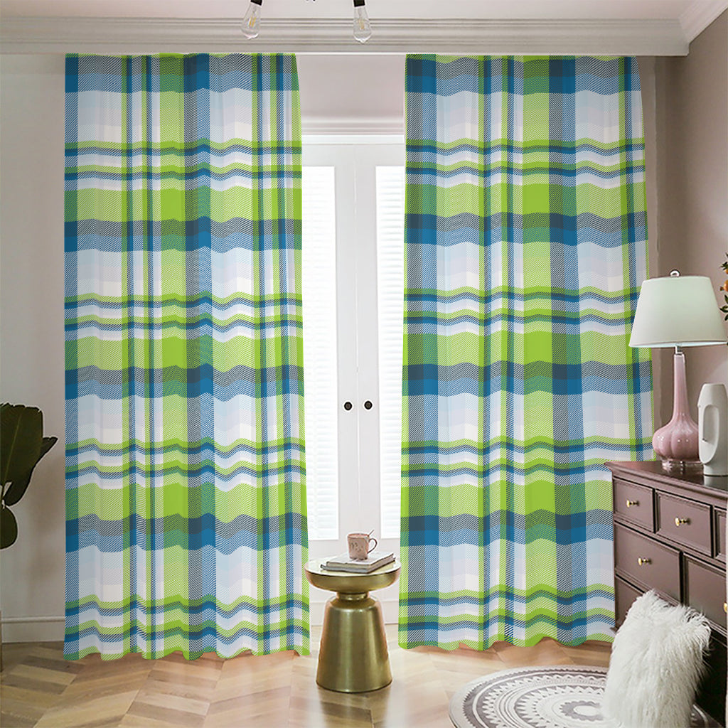 Lime And Blue Madras Plaid Print Blackout Pencil Pleat Curtains