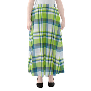 Lime And Blue Madras Plaid Print Chiffon Maxi Skirt