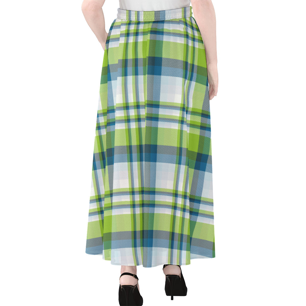 Lime And Blue Madras Plaid Print Chiffon Maxi Skirt